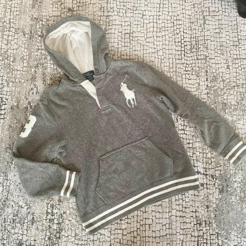 Boys Polo By Ralph Lauren Gray Pullover Hoodie Rugby Big Pony Size Medium 10 12